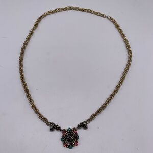 Vintage Rose Flower Pendant Necklace Rhinestones